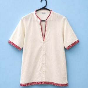 Women Assamese Themed white half sleeve khadi top